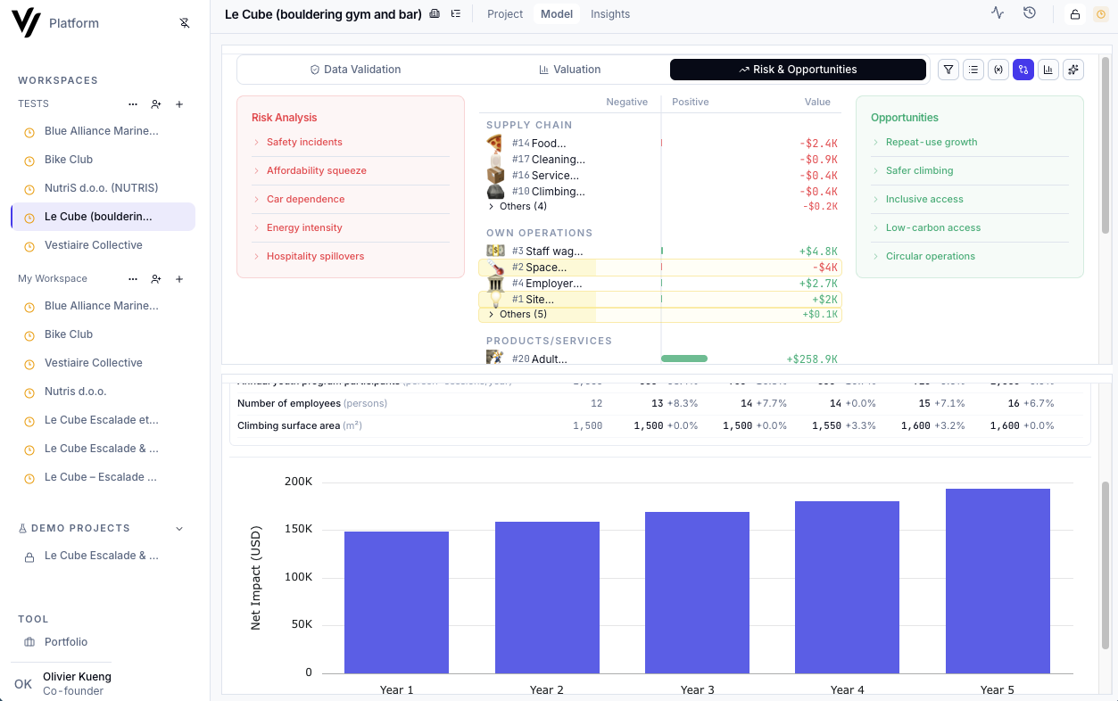 ViPlatform platform showing impact valuation with risk analysis, pathway data, and portfolio projections